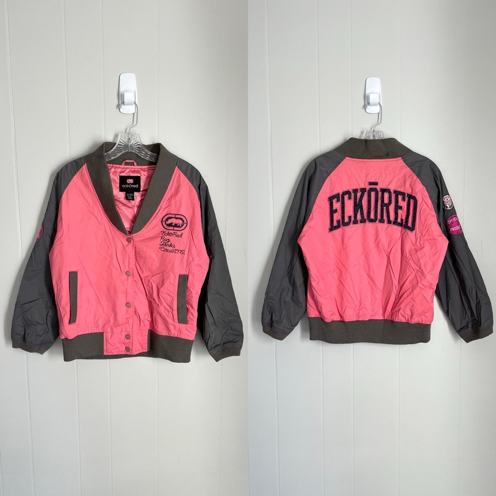 Vintage Y2K Ecko‎ Red Bomber Jacket 2XL XXL Coral Pink Embroidered Hip Hop